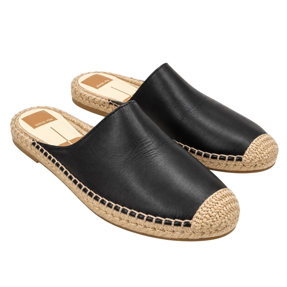 Dolce Vita Black Leather Espadrille Mule Slides Shoes Size 9.5 Coastal